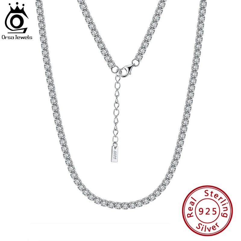 ORSA JEWELS Sparkling Cubic Zirconia Tennis Chain Necklace for Women 925 Sterling Silver Clear CZ Necklace Wedding Jewelry SC45