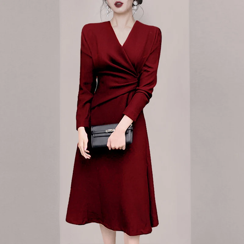 JSXDHK New Elegant Autumn Winter Sexy V Neck Dress Elegant High Quality Women Wine Red Long Sleeve Ladies Party Dresses Vestidos