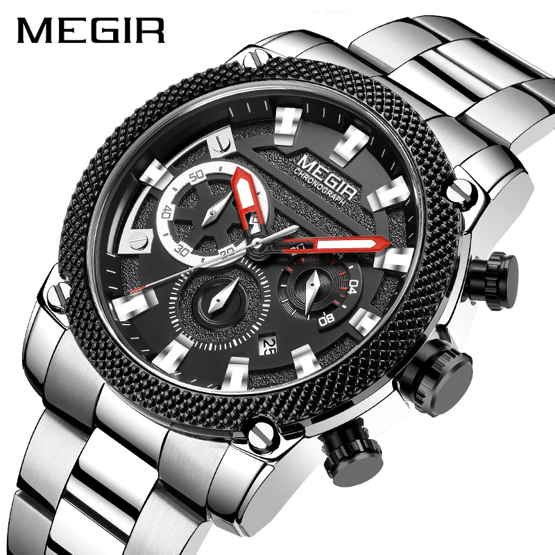 MEGIR Original 2021 New Black Mens Top Brand Luxury Waterproof Chronograph Business Military Wrist Watch Man Clock Reloj Hombre