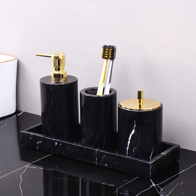 Black Marquina Natural Marble Bathroom Accessories Luxury Nero Margiua Soap Dispenser Cup Mug Tissue Box Bathroom Set