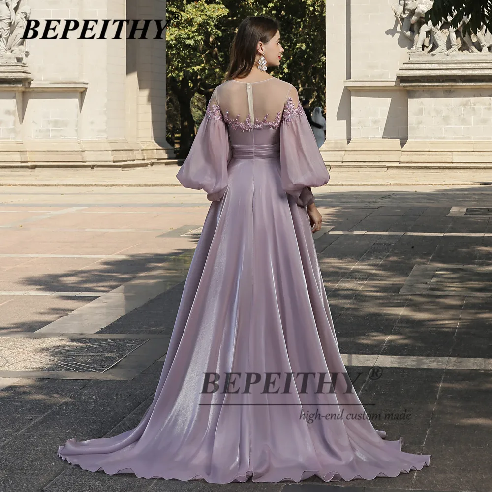 BEPEITHY Customized New O Neck Long Evening Dress With Puffy Sleeves Pink A Line Lace Vintage Prom Dresses 2023 Party Gown