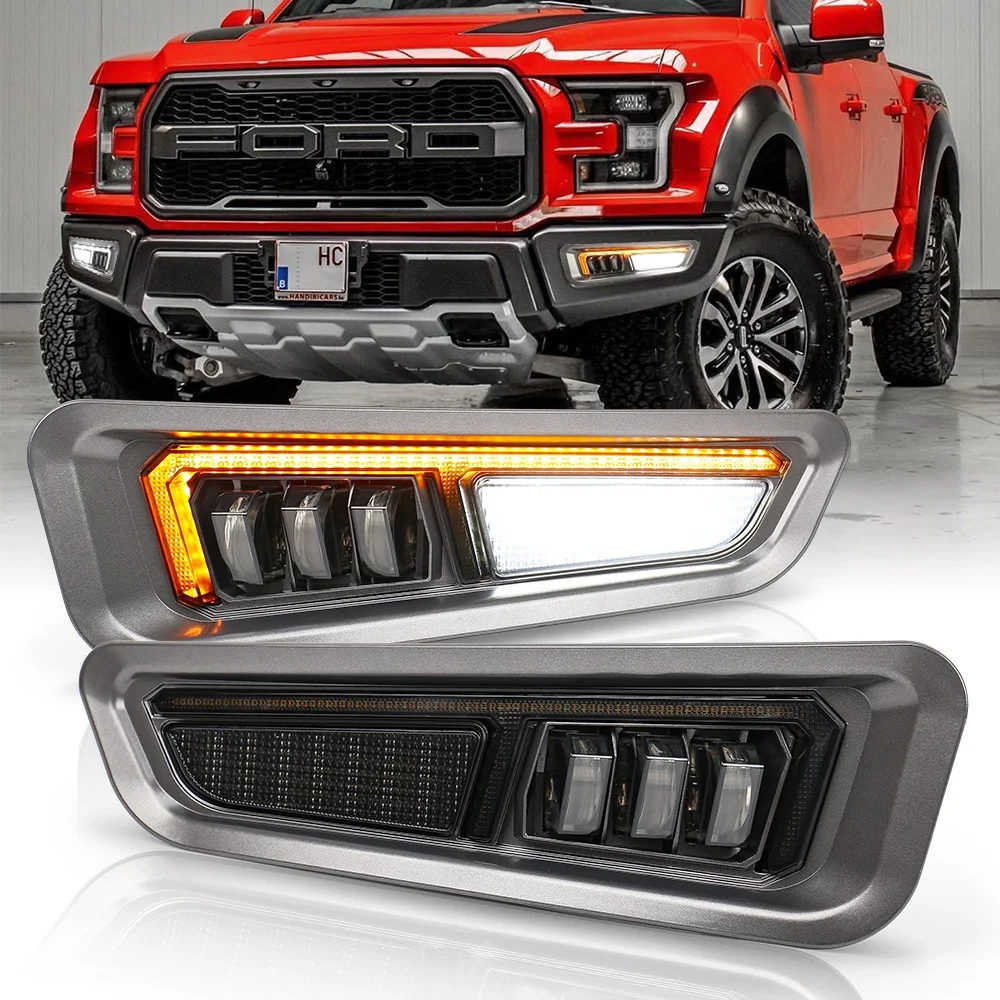 

2 Pcs LED Fog Front Daytime Running Light Amber Sequential Turn Signal Smoke Led Fog Light For Ford-F150 Raptor 2017 2018 2019