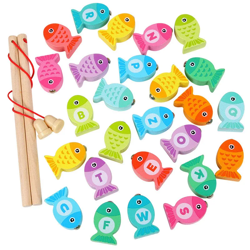 Baby Wooden Magnetic Fishing Toys Learning Alphanumeric Marine Life Cognition Color Early Educational Digital Fishing Games Toy