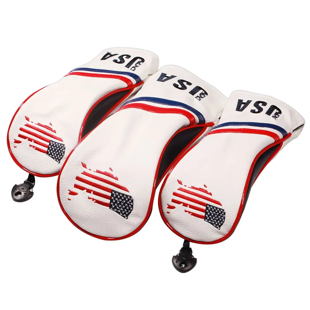 3 Pieces Universal Golf Club Head Covers Protector 460cc Driver Wood Headcovers Set & No. Tags - USA Flag Design