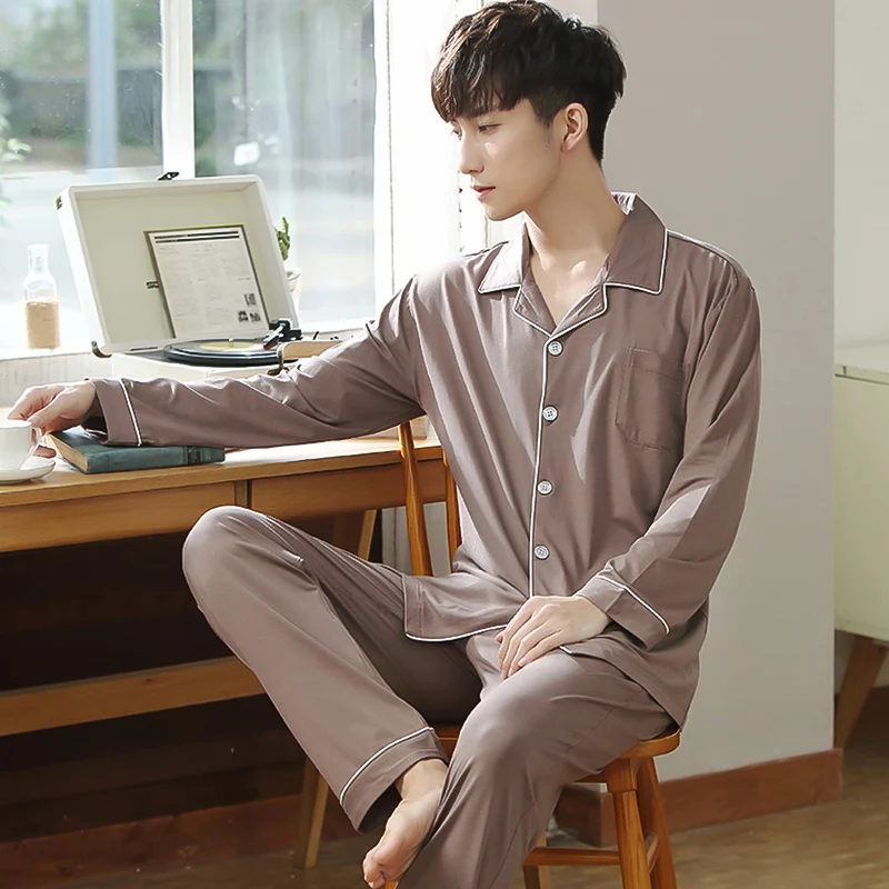 Autumn Modal Pajama Set For Men Long Sleeve Sleepwear Male Nightwear Home Clothes Solid Blue Pj Set Soft Winter Pijamas Homme