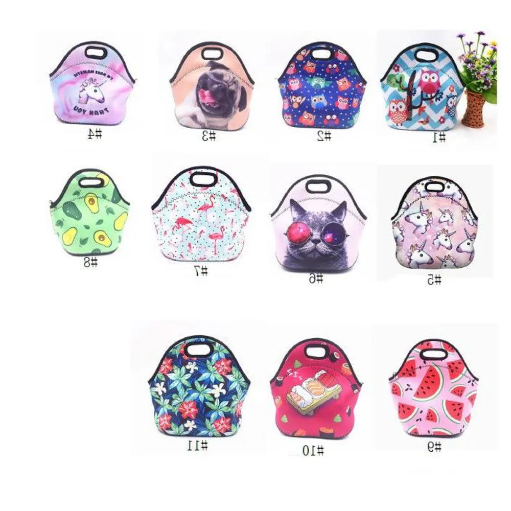 

50Pcs Neoprene Lunch Bag For Women Owl Pattern Lunch Bags Picnic Handbag With Tableware Pocket Children Snacks For Women Kids