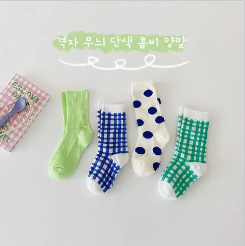 New 2021 autumn plaid polka dot loose mouth boys and girls tube socks1-8Year 4Pairs