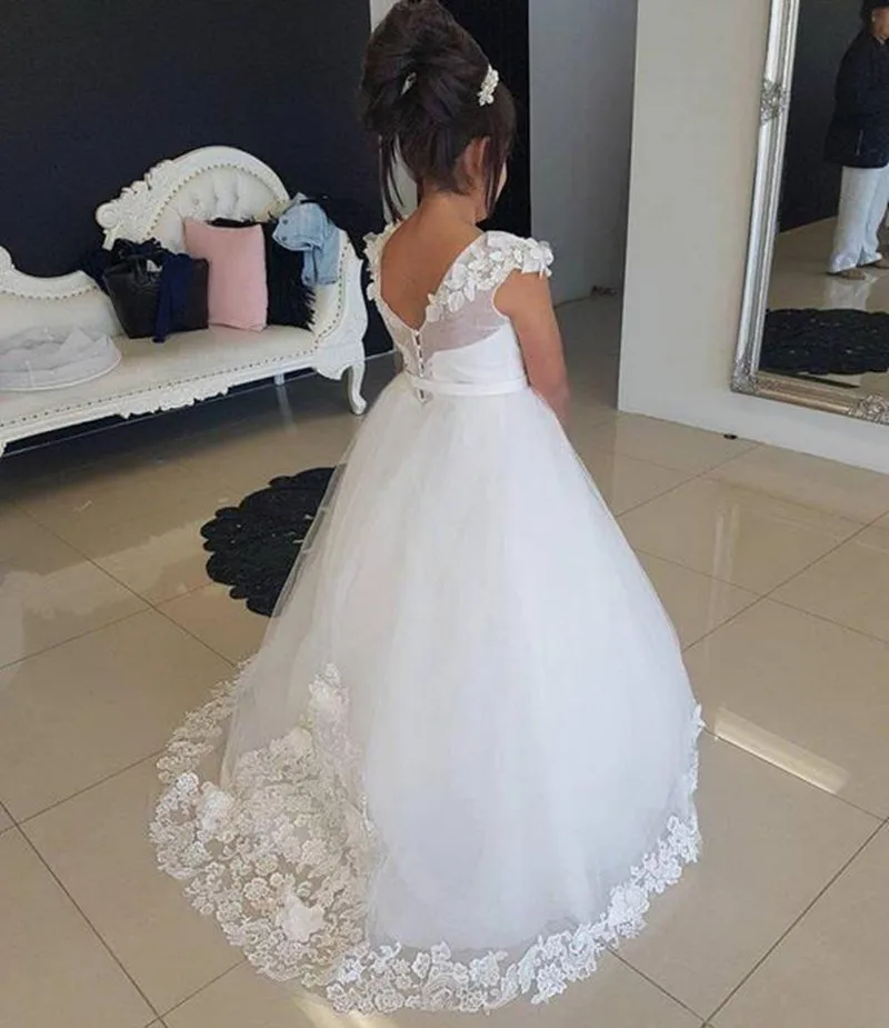 Vestidos formales de flores para niña y niño, joya de encaje, apliques 3D, tren de barrido, vestidos de desfile para boda, fiesta de cumpleaños, vestidos para niña