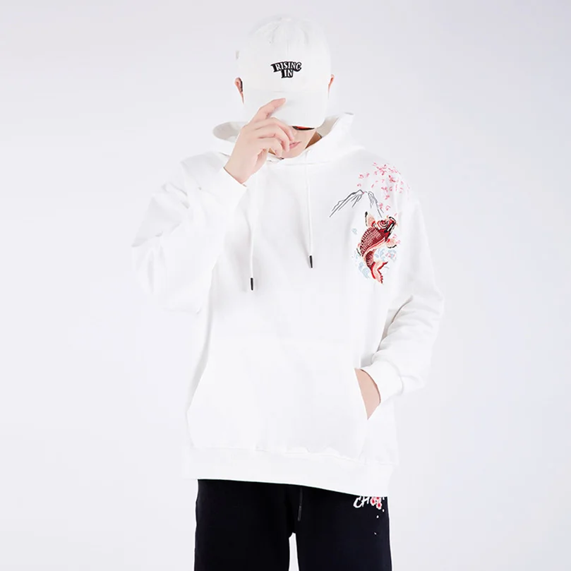 100% Cotton Spring Autumn Hoodies Men Hooded Carp Embroidery Sukajan Oversize Sweatshirt with Hood Male Coat Streetwear