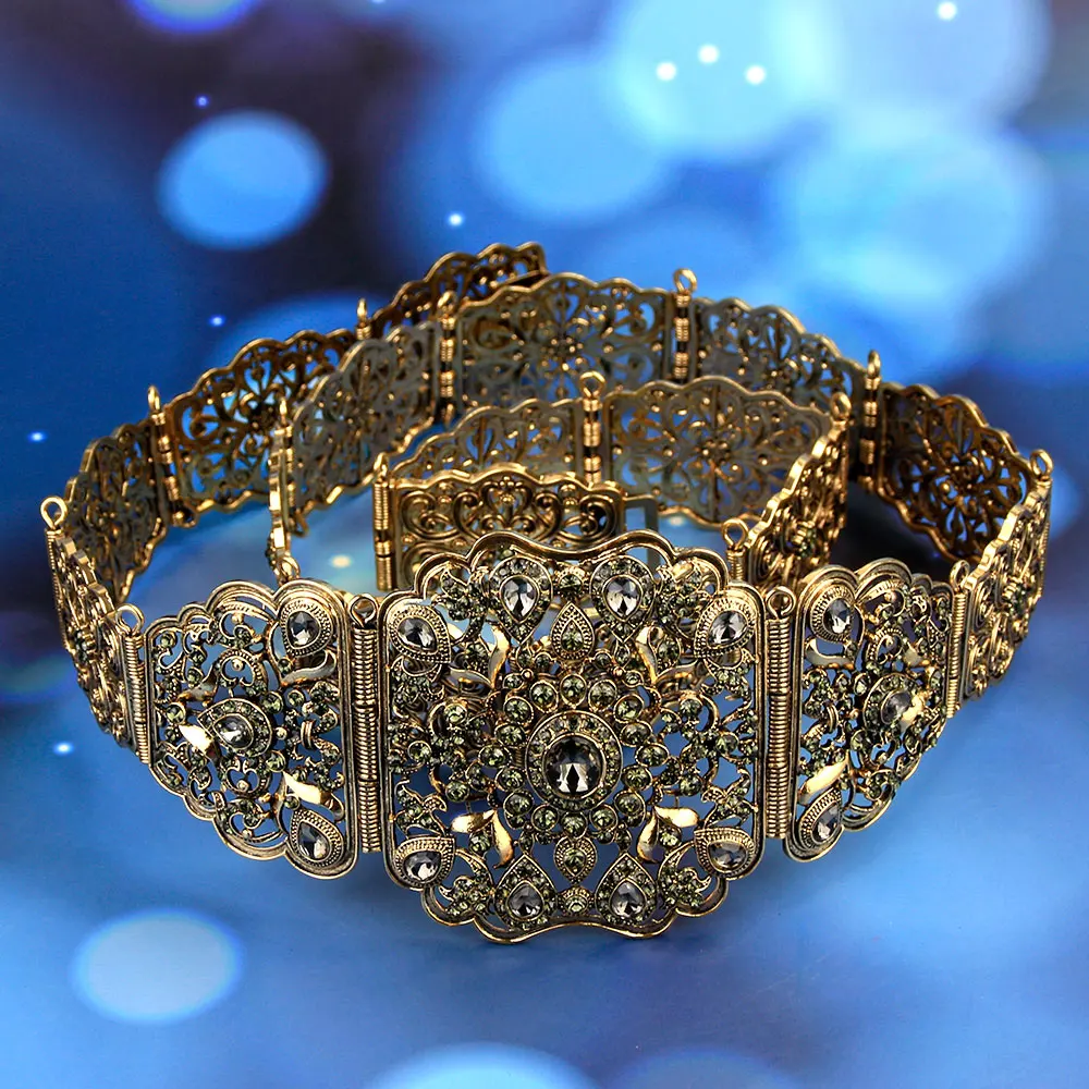 Sunspicems Retro Gold Color Algerian Belt for Women Morocco Wedding Dress Caftan Jewelry Full Rhinestone Waist Chain
