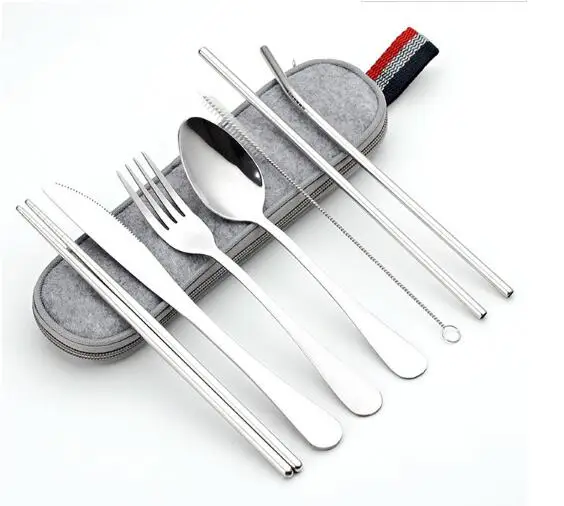 

304 stainless steel knife fork spoon straw chopsticks travel portable bag set of outdoor tableware