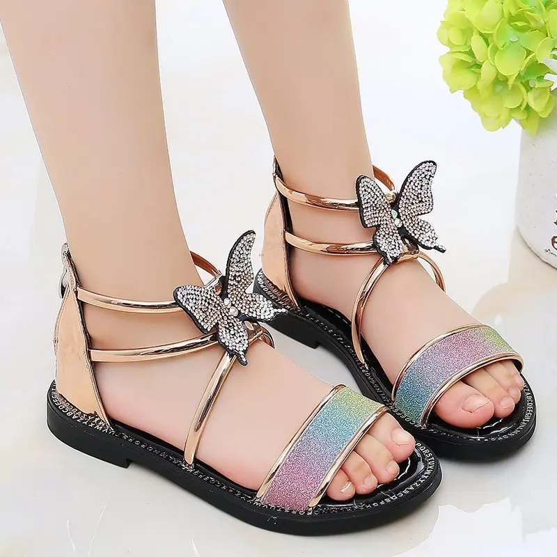 2021 Princess Summer Children\'s Sandals Kid Girls Cute Beach Sandals Butterfly Slippers Glitter Shoes Flower Squre Heels Shoes