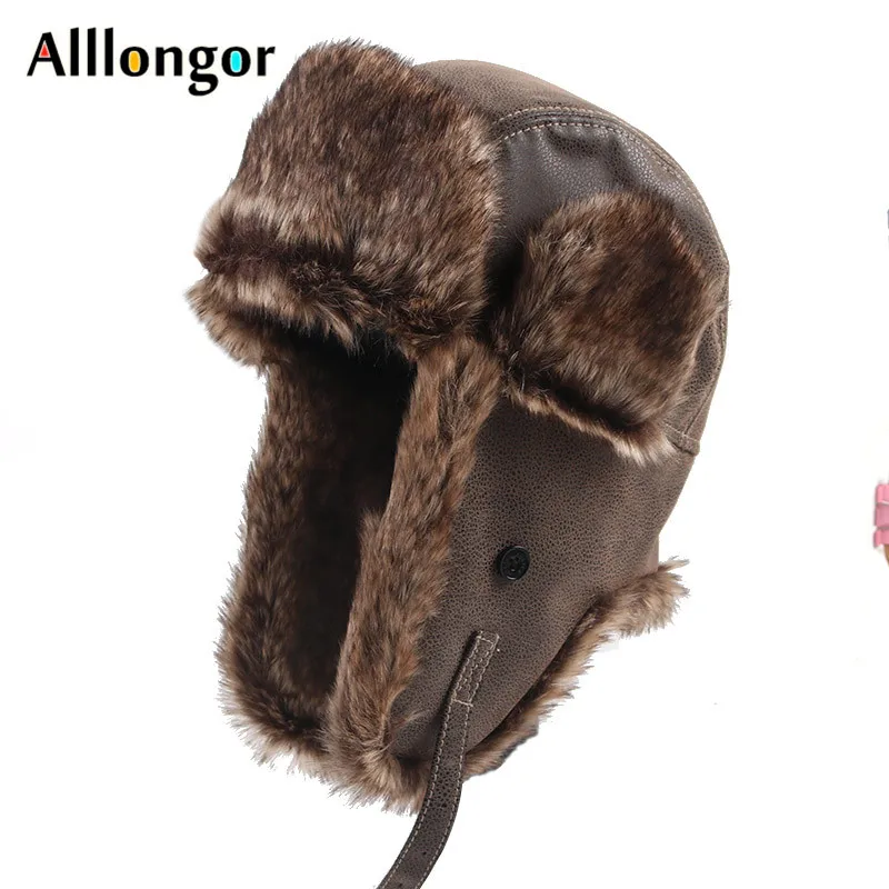 

High Quality Russian Leather Bomber Hat 2024 Winter Ushanka Hat Men Women Pilot Trapper Hat Faux Fur Earflap Snow Cap Ear Flaps