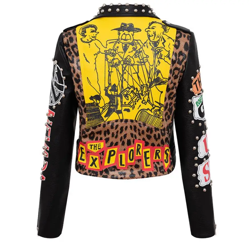 Autumn spring Locomotive graffiti cartoon pu Leather Jacket female Punk Style was thin Motorcyle Jackets Coat with belt F1962