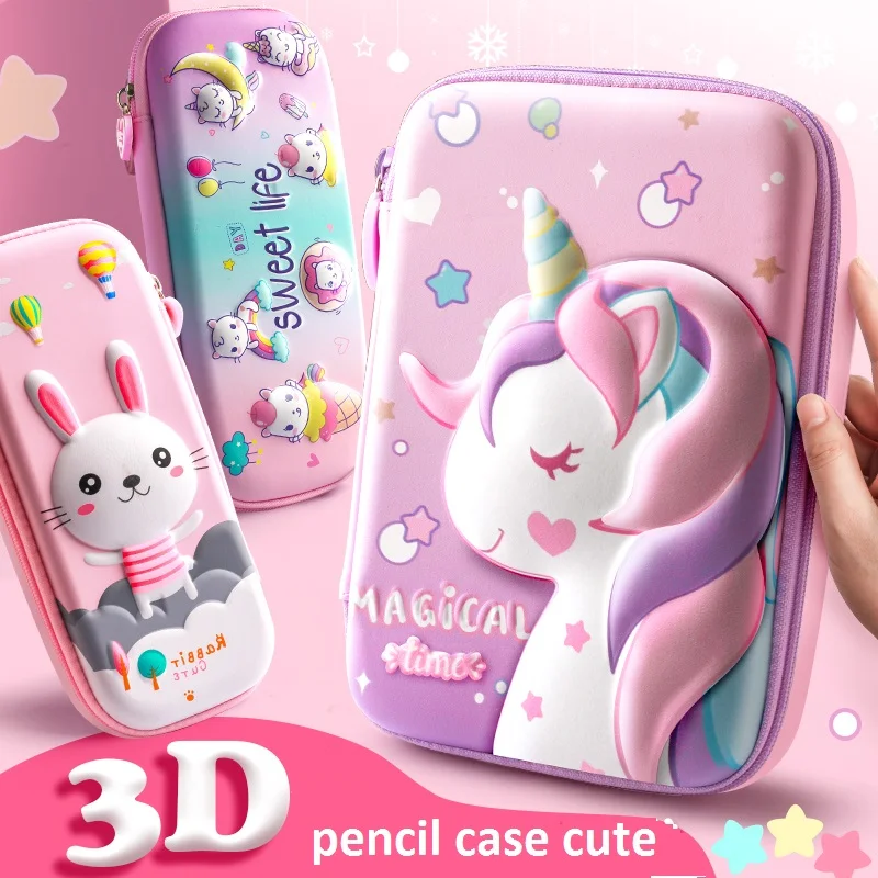 3D Unicorn Pencil Cases EVA Pink Pen Bag for School Girl Kawaii Stationery Storage Gift Box Rulers Pouch Eraser Holder Aesthetic