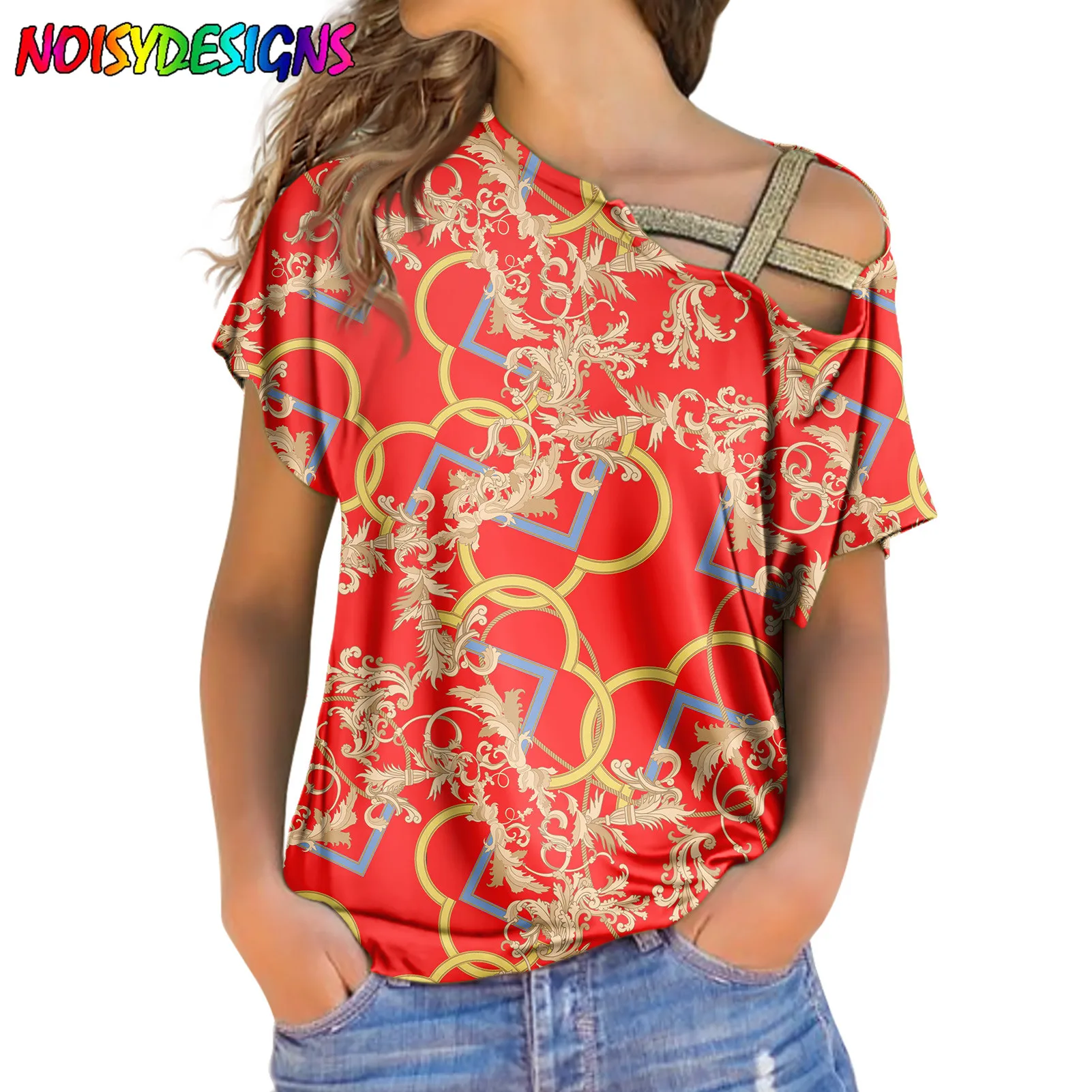 NOISYDESIGNS Casual Oblique Shoulder Cross Irregular Short Sleeve T-shirt Women Euporean Style Golden Floral Tops For Women