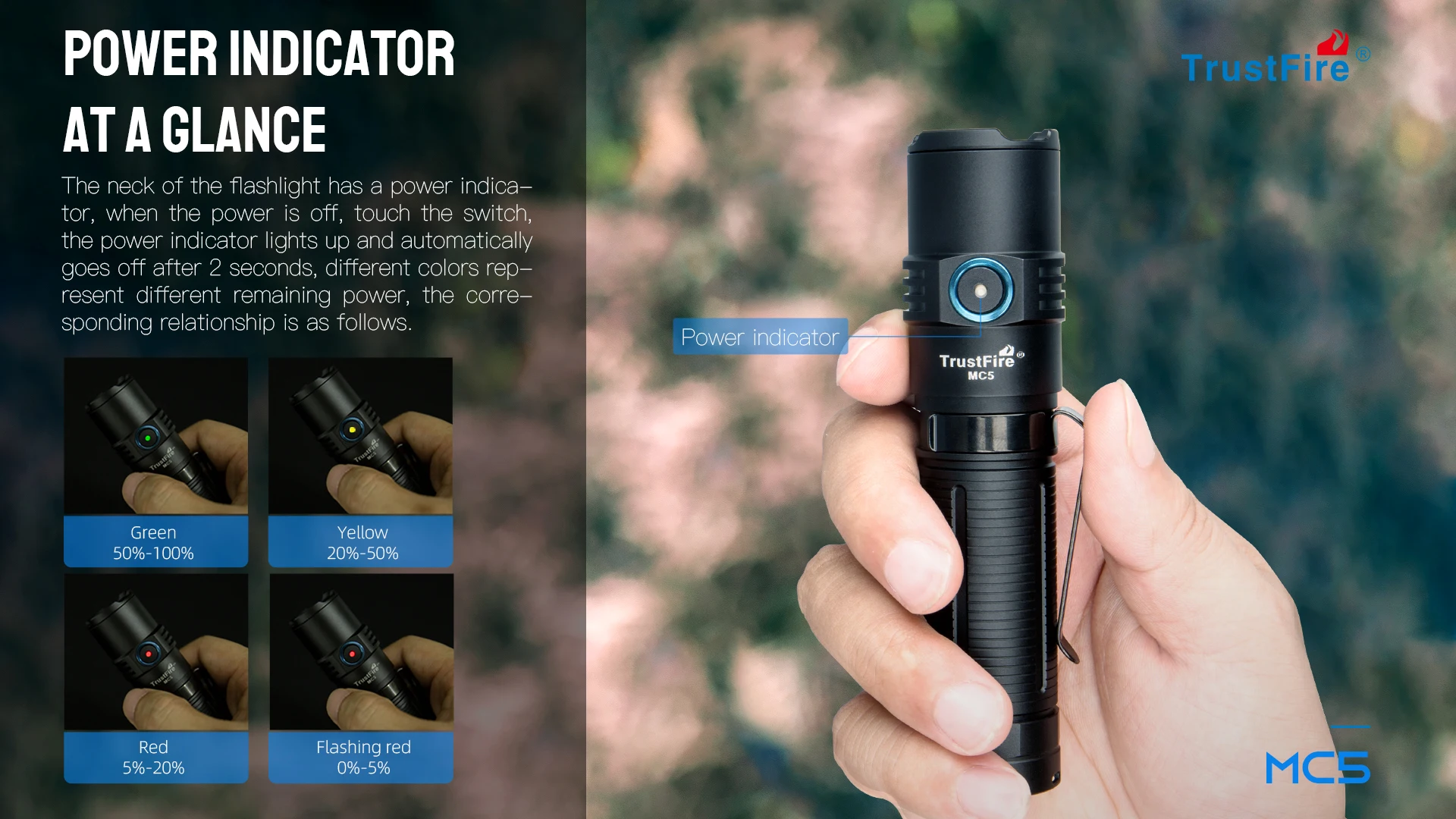 Trustfire MC5 LED Flashlight 3300Lumen Rechargeable Lamp EDC 21700 Battery Torchs with Magnetic USB Charging and Power Indicator