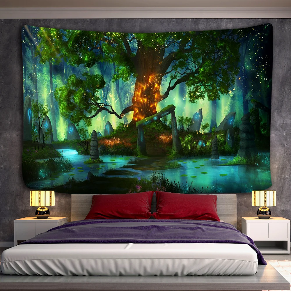 Tapisserie murale imprimée en 3D avec de grands arbres à Press, tapis décoratif psychédélique, drap de lit, hippicopter bohème, décoration d'intérieur