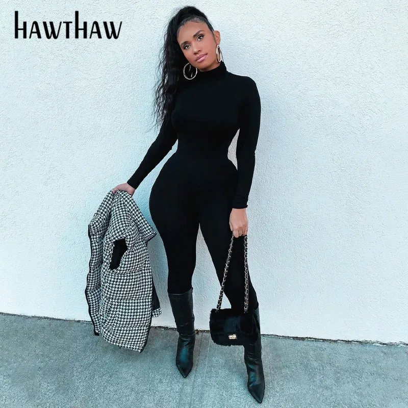 Hawthaw Women Autumn Winter Long Sleeve Bodycon Soild Color Turtleneck Jumpsuit Romper Playsuit 2020 Famale Clothing Streetwear