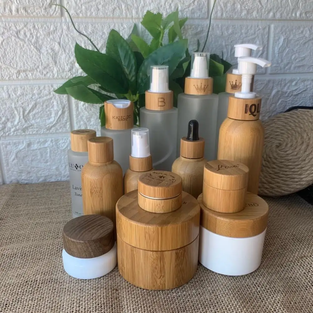 

Empty Plastic Wooden Bamboo Cream Jar With Bamboo Lid For Cosmetic Lip Balm Container Glass Bottle For Toner Lotion Packaging