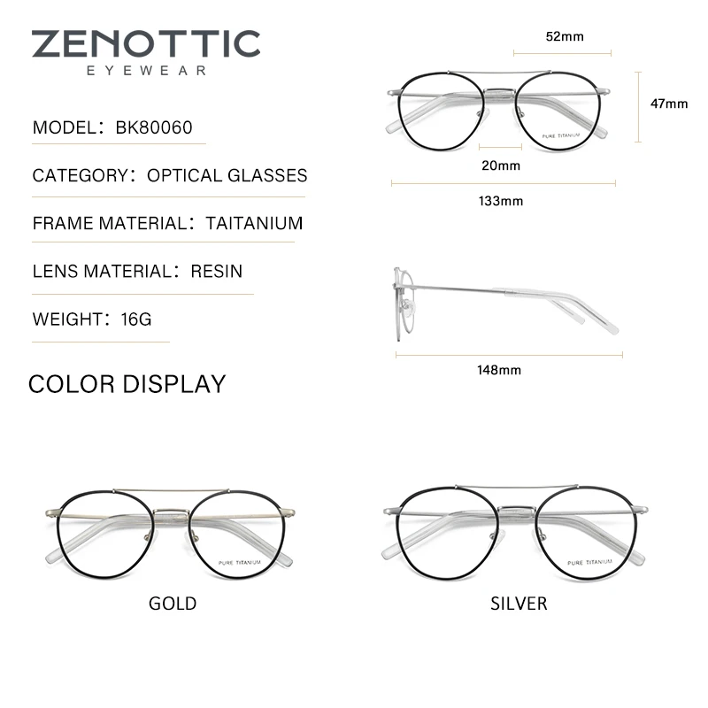 ZENOTTIC Pure Titanium Glasses Frame Women Retro Round Prescription Eyeglasses Men Luxury Double Bridge Optical Myopia Eyewear