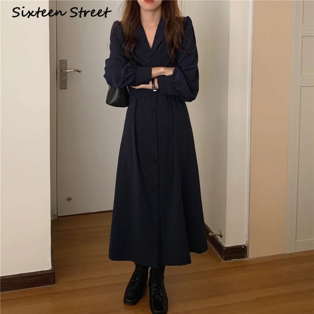 

Dresses Women Design Suit Collar Long Sleeve High Waisted Fashion Vintage Ladies Clothing Korean Vestidos Female New 2021 Spring