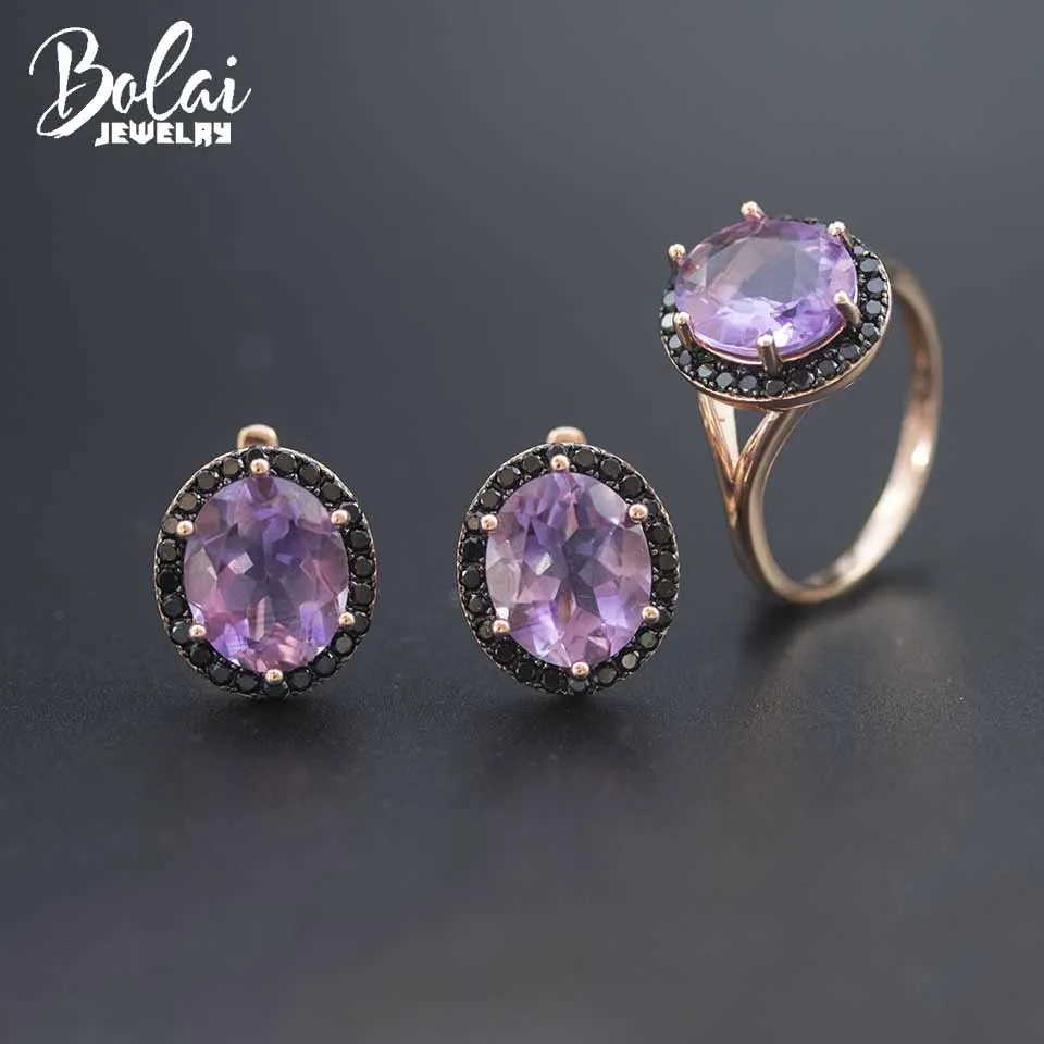 

Bolai Natural Amethyst Jewelry Sets 925 Sterling Silver Stud Earrings Ring Oval 12*10mm Gemstone Jewelry for Women Wedding Party