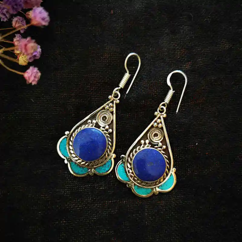 Tibetan Handmade Jewelry Copper Inlaid Drop Earring Multi Colors E104