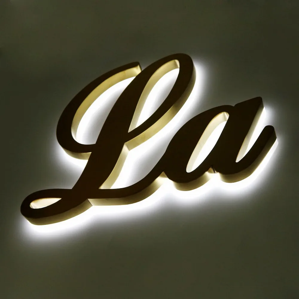 Letreiro 3d de metal com luz de fundo, aço inoxidável dourado, letras para decoração interna ou externa