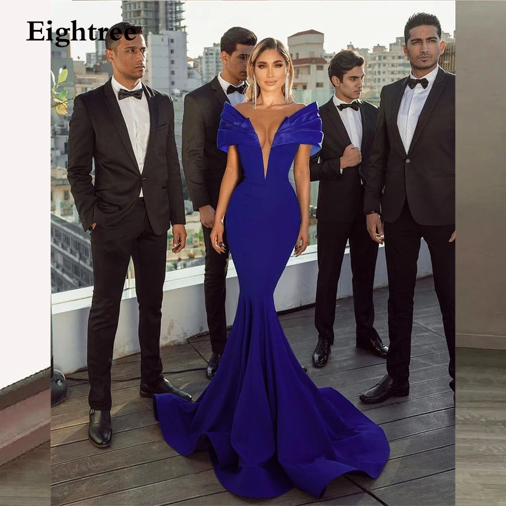 

Eightree 2022 Sexy Royal Blue Mermaid Evening Dresses V Neck Short Sleeves Off Shoulder Formal Party Long Prom Celebrity Dress