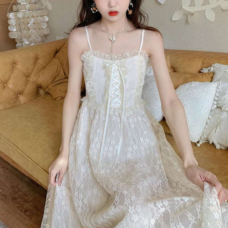 

Female Gauze Pretty Chic Ball Gown 2023 New Japanese Kawaii Strap Fairy Dress Women Elegant Sweet Retro Lace Bandage Party Dress