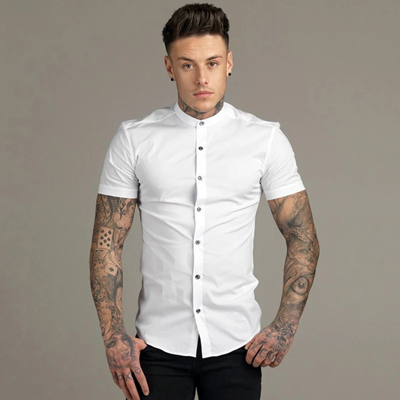 Summer Fashion Short Sleeve Shirt Men Slim Fit Social Business Stand Collar Dress Shirt Brand Mens Fitness Sports Gym Clothing