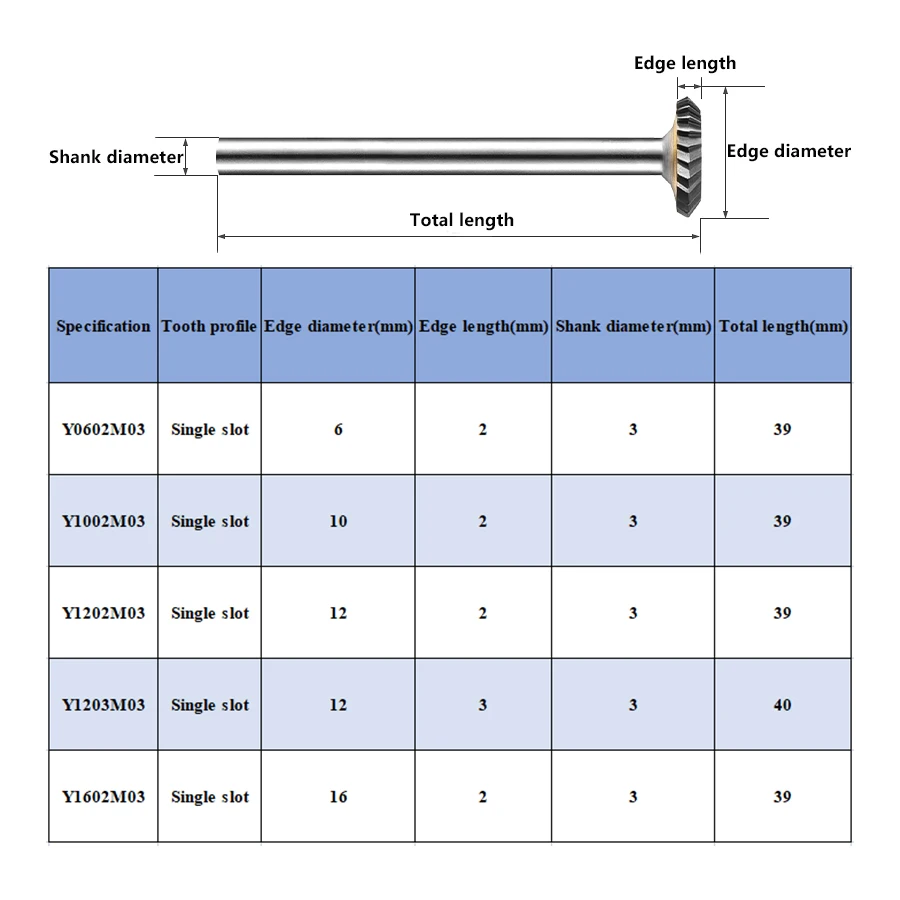 Y-Type Carbide Rotary File Arc Disc-Shaped Tungsten Steel Grinding Head Slotting Milling Cutter 3mm Handle Y0602 Y1203 Y1602M03