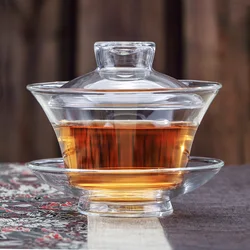 Large Glass Tea Cup and Tea Lid Set, Transparent Gaiwan, Chinese Teaset Sancai Tea Bowl, Single Thick Heat-Resistant Cover