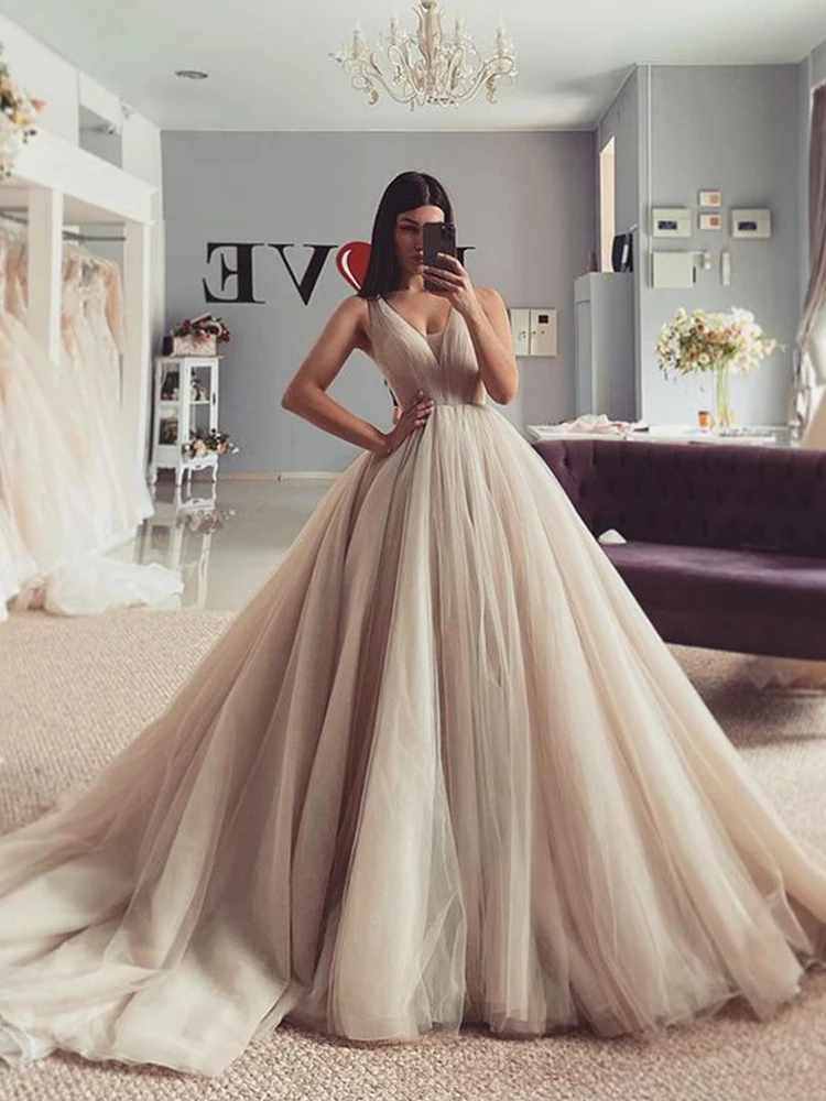 FairyKissy V Neck Tulle Wedding Dresses Long Sleeveless Lace-up Simple Beach Wedding Party Gowns A Line Bridal Dress Charming