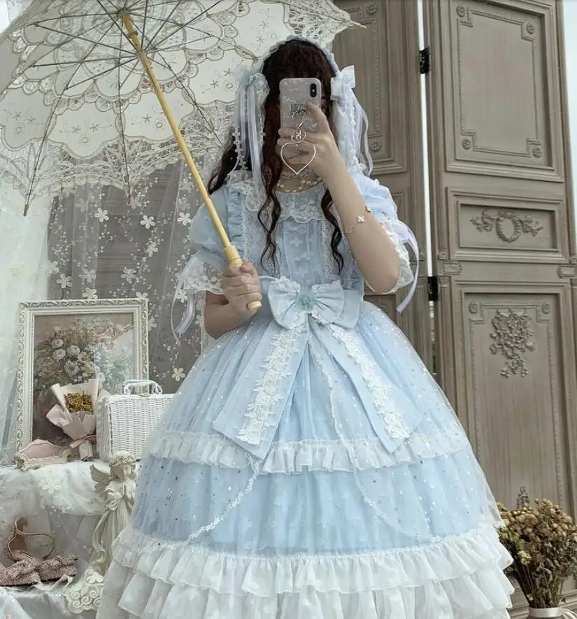 Robe Lolita OP Loli en dentelle pour fille, tenue gothique, douce, Cosoriginal, Kawaii, en dentelle, avec nœud papillon, col rond, victorien, été