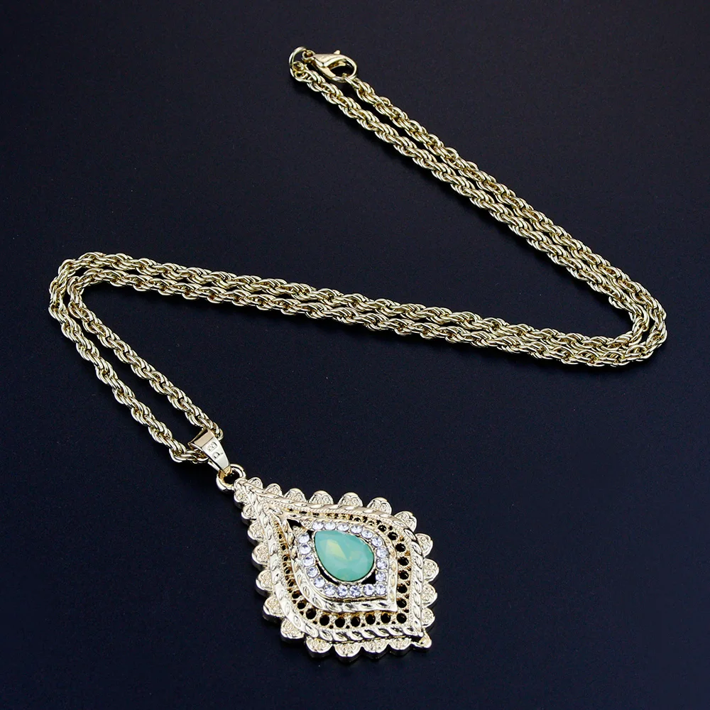 Sunspicems Gold Color Women Pendant Necklace Morocco Wedding Jewelry Mint Green Crystal Long