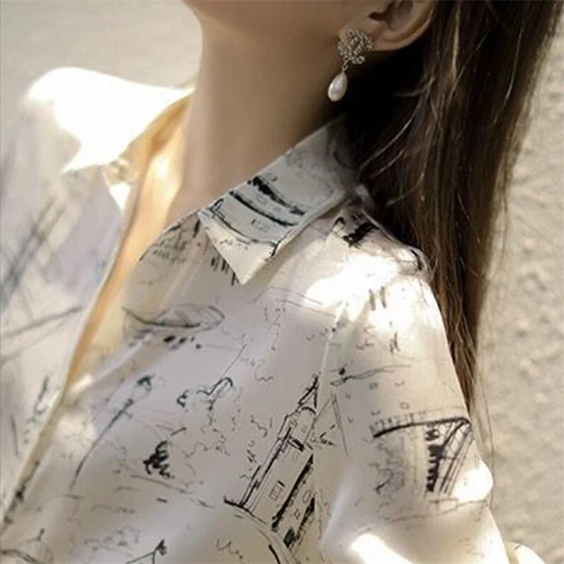 Women\'s printed chiffon Shirt Lapel long sleeves Summer thin Feminine Floral Tops loose Base shirt top trendy Female Blouse