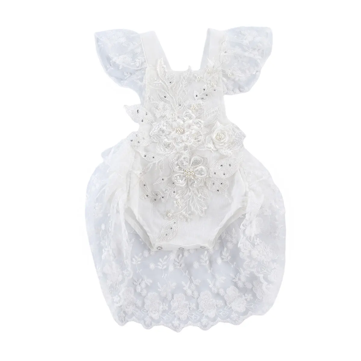 Infant Baby Girl Lace 3D Flower Embroidery Pearl Sweet Princess Romper, White Square Collar Falbala Flying Sleeve Jumpsuit