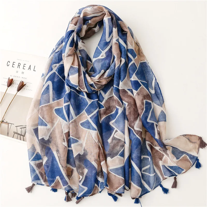 2023 Fashion Luxury Brand Abstract Painting Tassel Viscose Shawl Scarf High Quality Wrap Pashmina Stole Bufandas Muslim Hijab