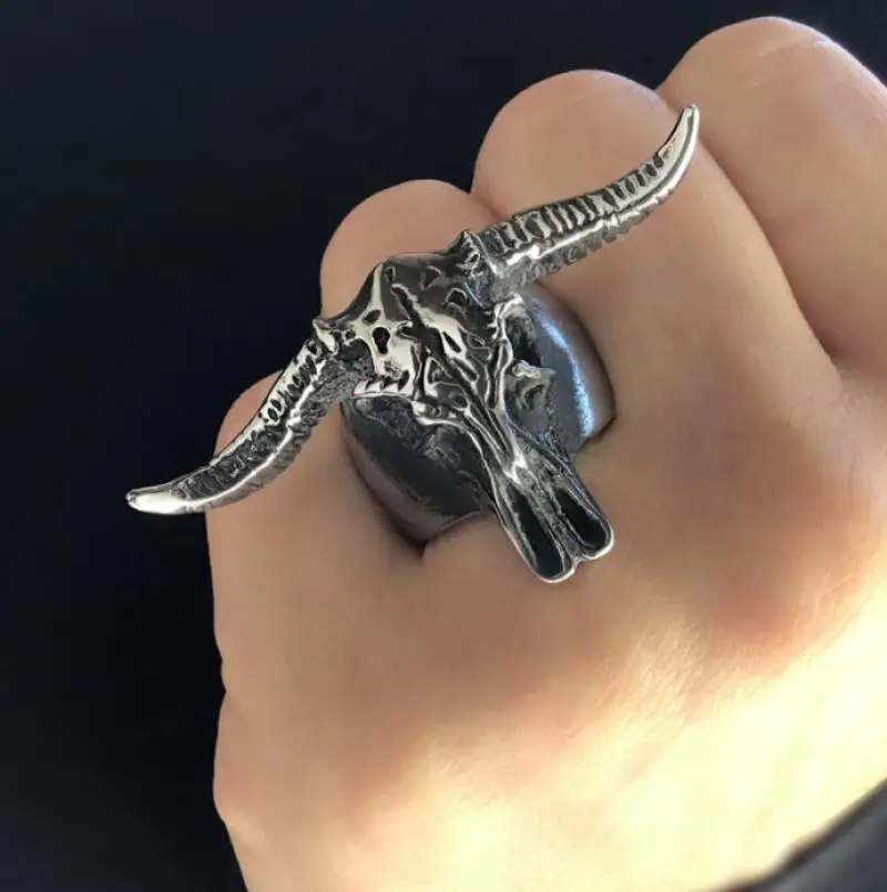 Personality Trendy Gothic Animal Bull Skull Punk Rings for Men Exaggerated Jewelry