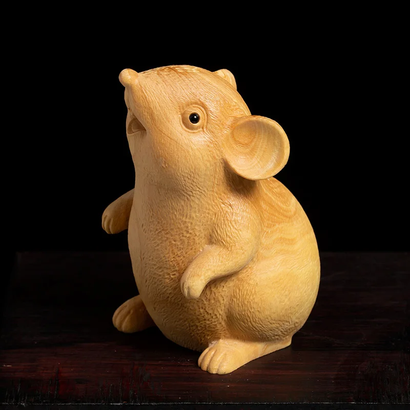 Charming and Delicate Feng Shui Mouse Wood Carving - Masterfully Crafted Small Wooden Sculpture Perfect for Enhancing Home