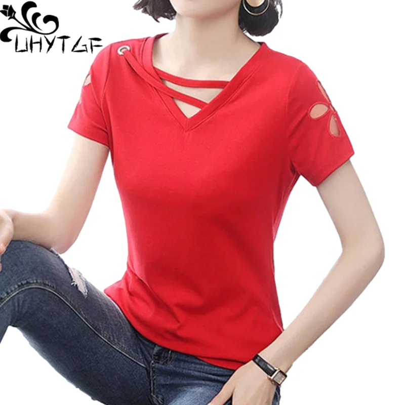 UHYTGF Cotton Womens T-Shirts Short Sleeve V-Neck Pullover Summer Tops Female Fashion Hollow Soft Slim 4XL Big Size T-Shirt 2049