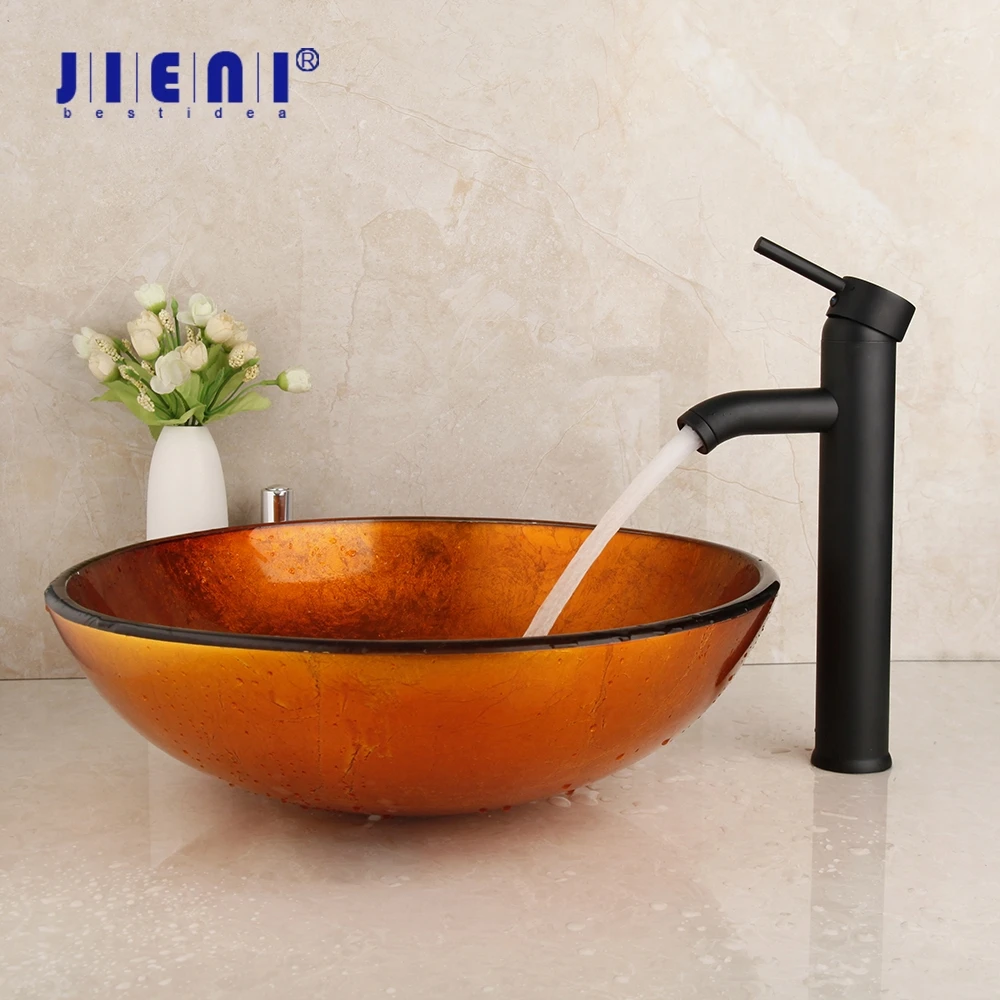 JIENI Yellow Bathroom Glass Wash Basin Sink Set Hand-Paint Lavatory Combine Sink Antique Brass Bamboo Waterfall Mixer Tap Faucet