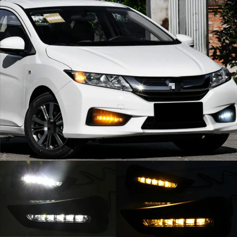 LED daytime Running Lights for Honda City 2015 2016 2017 fog lamp cover drl with yellow turn signal light car styling