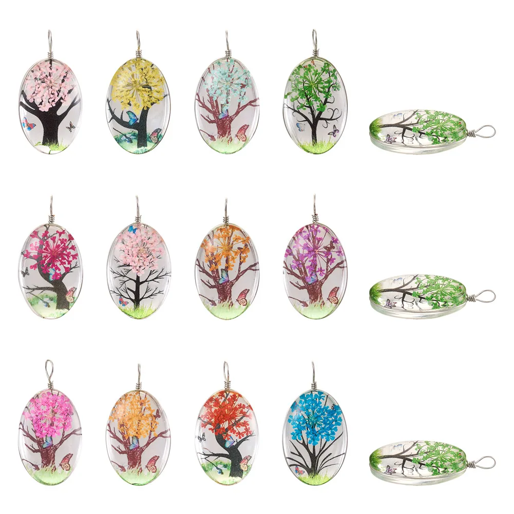 12Pcs Transparent Glass Pendants Dried Flower inside and Stainless Steel Finding Oval, Mixed Color, 30x20x16mm, Hole: 5mm