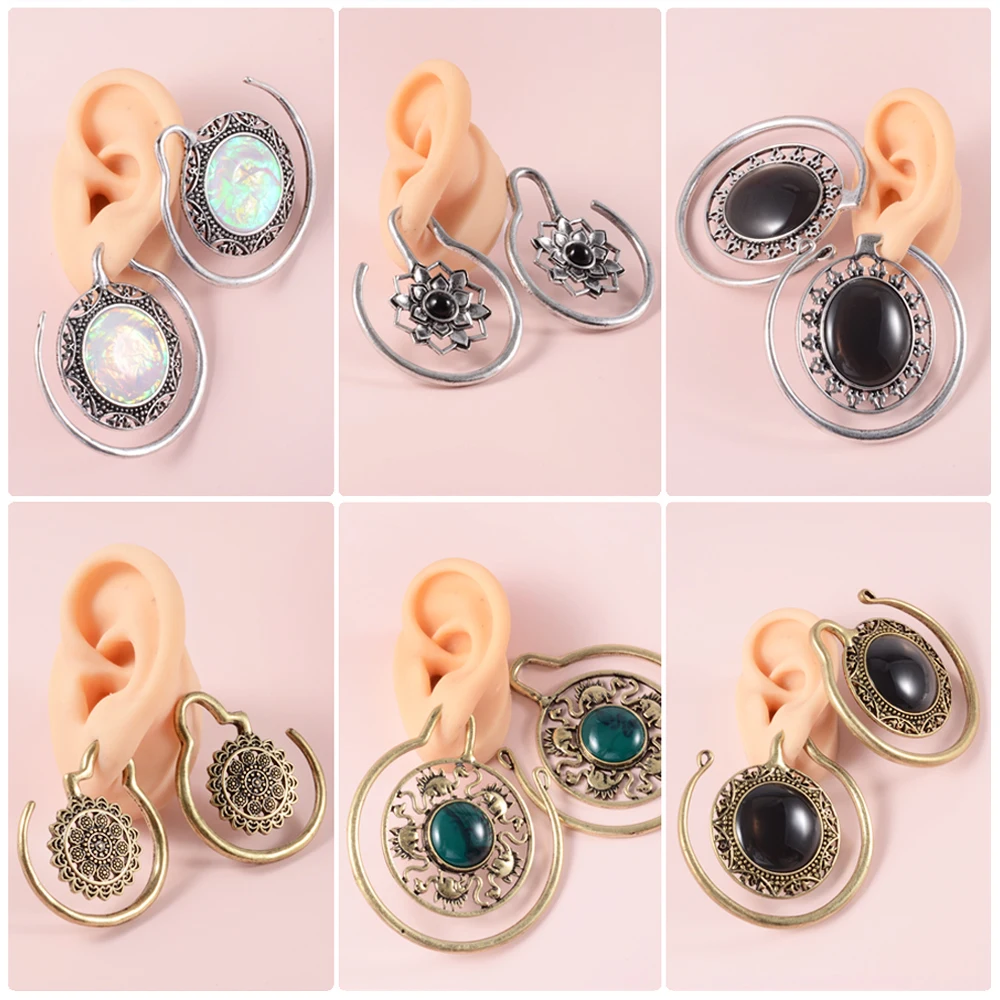 2pcs Solid Brass Stone Ear Weight Vintage Indian Tribal Style Hoop Earrings Lobe Piercings Gauges Expander Unisex Body Jewelry