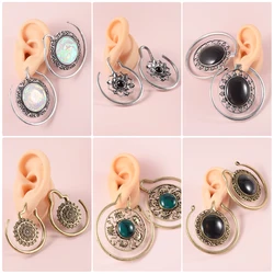 2pcs Solid Brass Stone Ear Weight Vintage Indian Tribal Style Hoop Earrings Lobe Piercings Gauges Expander Unisex Body Jewelry