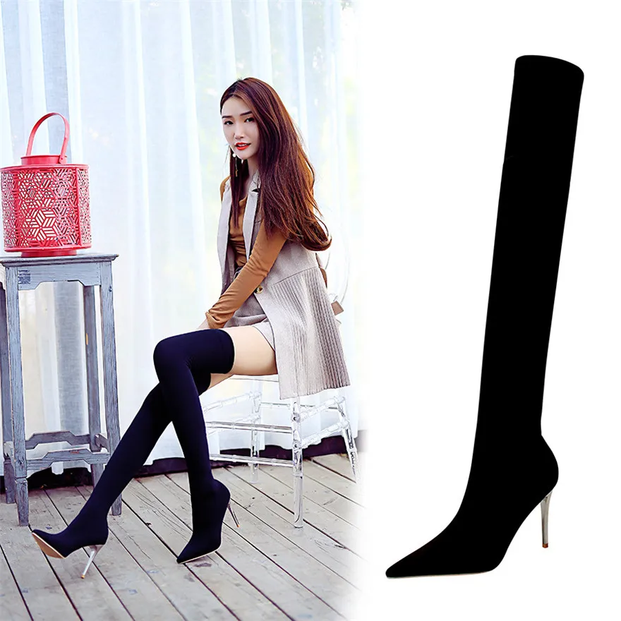 Fashion Runway Thin Heel Elastic Sock Boots Women\'s Breathable Mesh Over the Knee Boots Pointed Toe Thigh High Party Shoes Woman