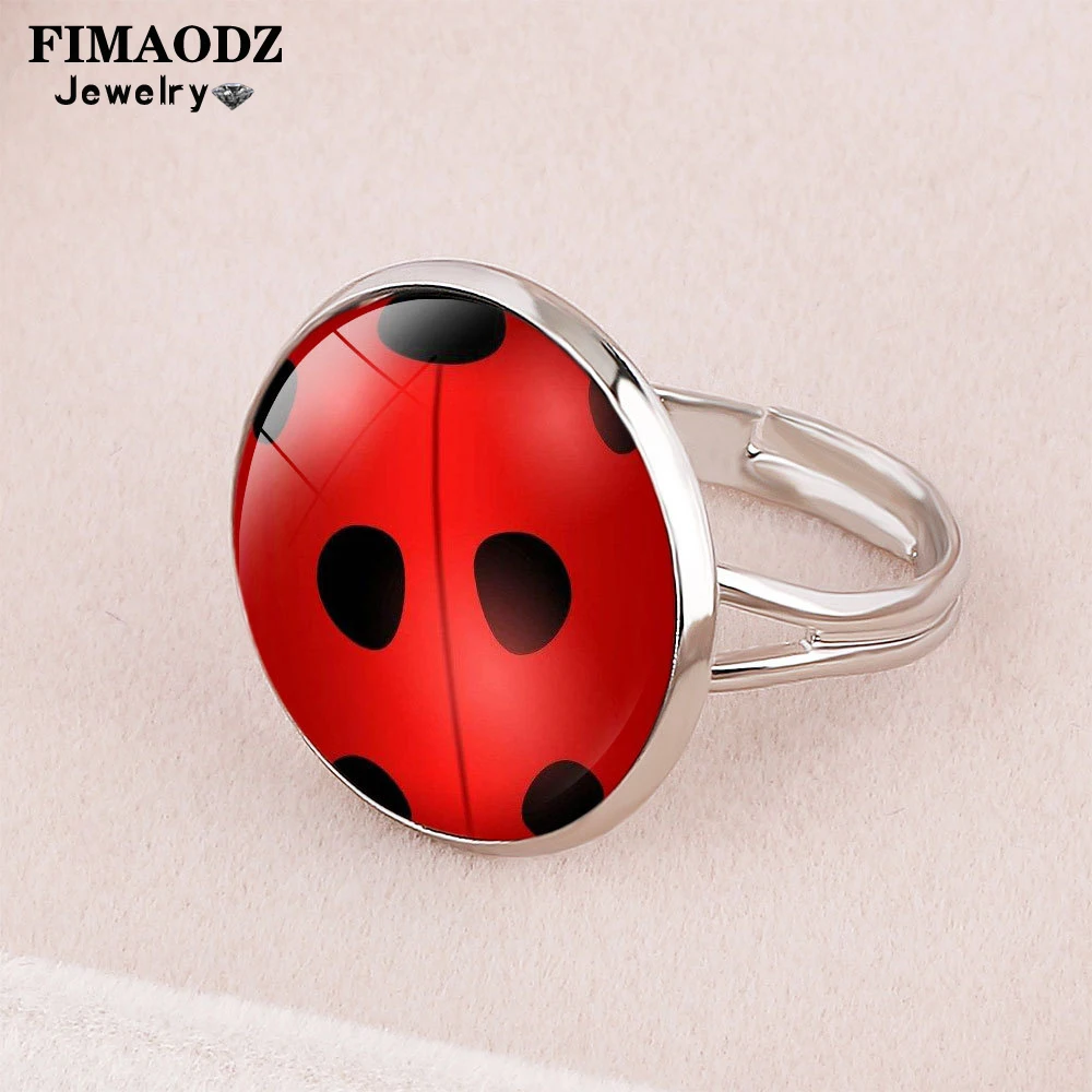 FIMAODZ Red Ladybird Insect Ring Cat Paw Glass Cabochon Adjustable Rings For Girls Kids Cartoon Animal Jewelry